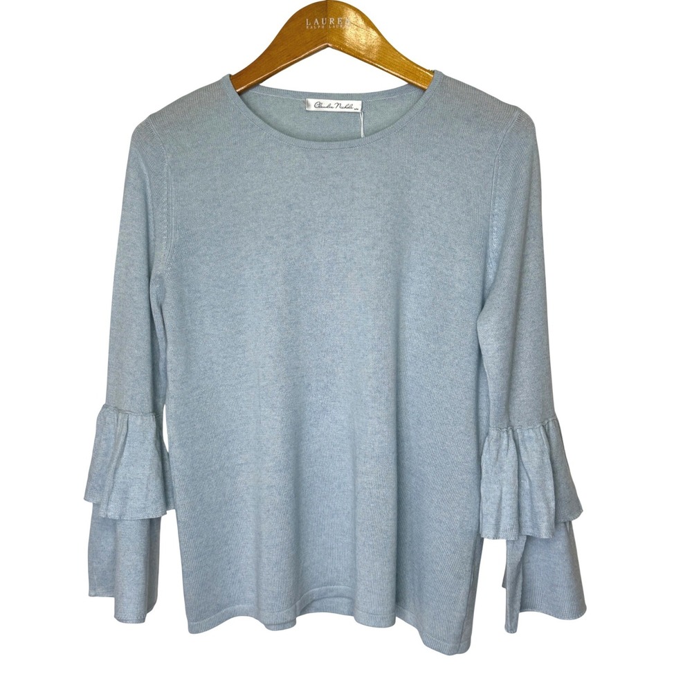 Claudia Nichole Silk/Cashmere Bell Sleeve Sweater Med. Blue NEW